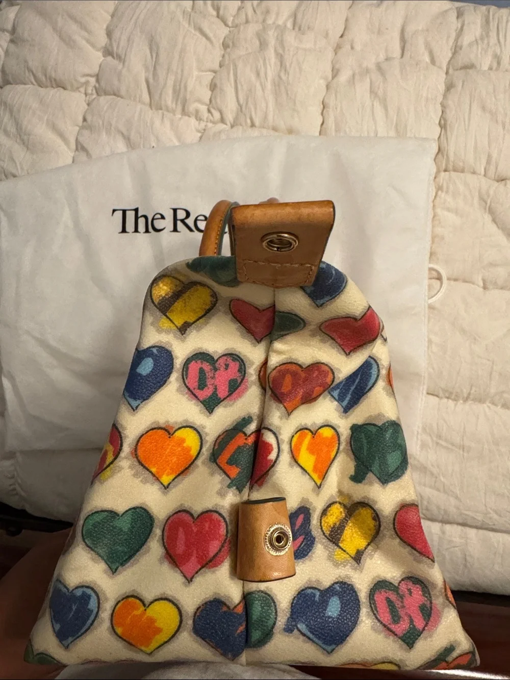 Dooney & Bourke Cream Satchel with Multicolor Heart Print